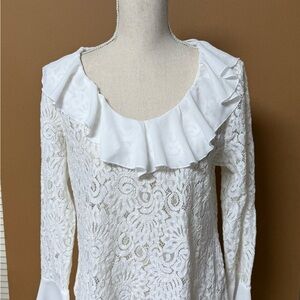 Adiva Ivory Lace Ruffle Collar Blouse I say Winter White - Large
